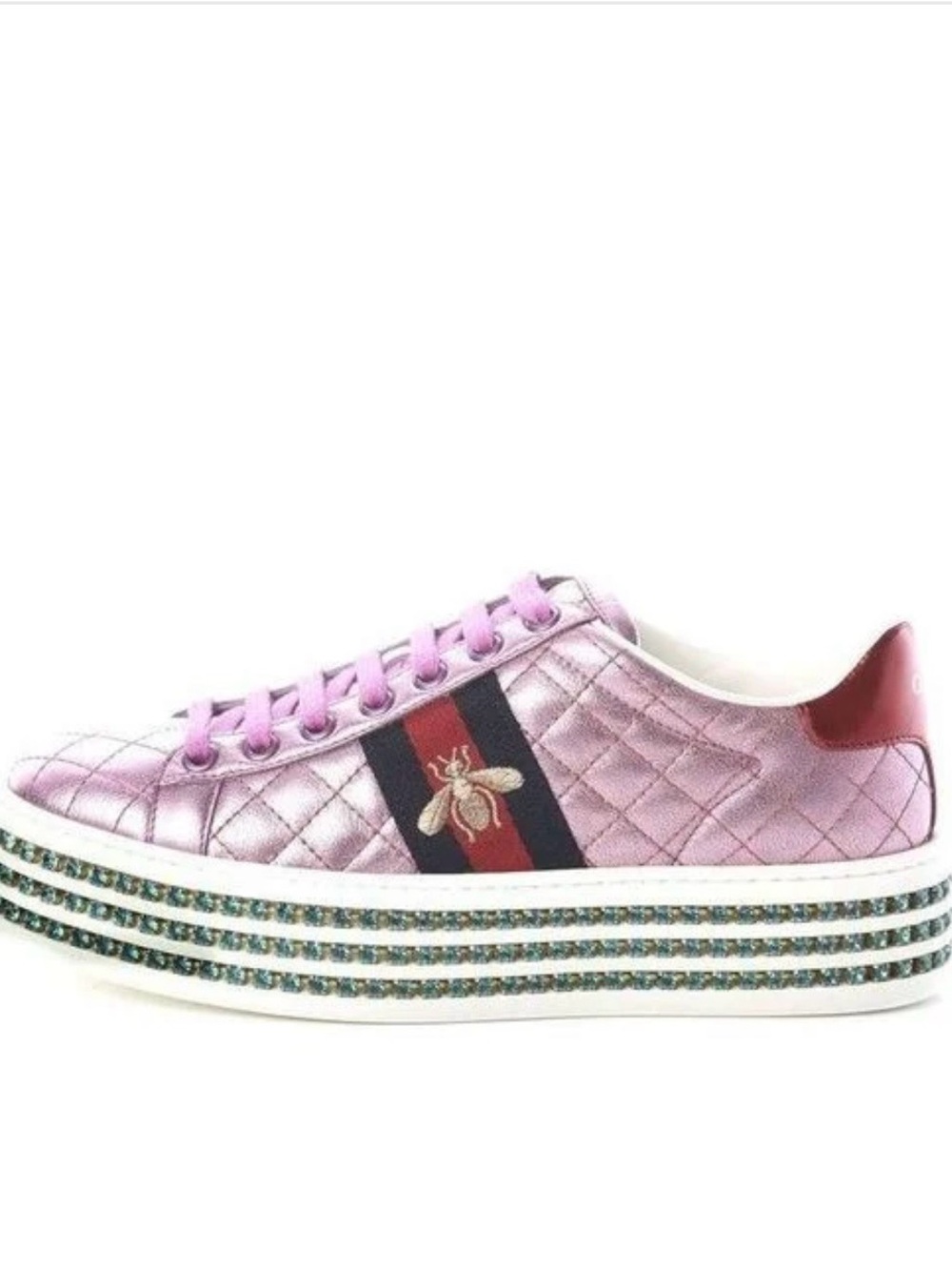 Gucci Ace Metallic Pink Quilted Platform Sneaker Embroidered Bee swarovski sz39
